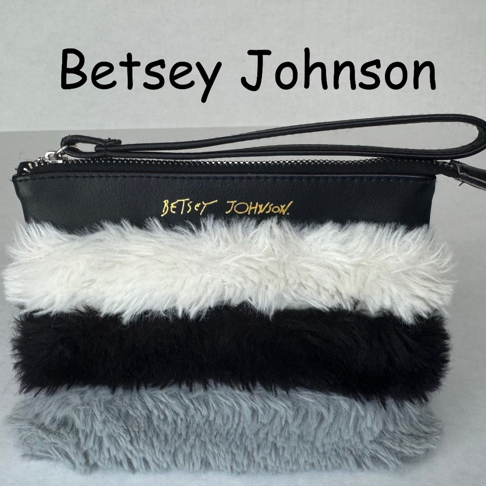 BETSEY JOHNSON Wristlet-White, Black,Gray Faux Fur Bag/Pouch Trendy